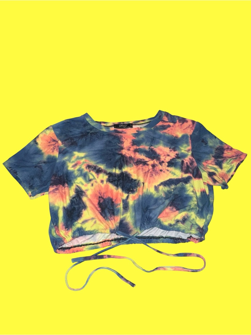 Tie-Dye Cropped with Tie Waist Tee in Blue, Pink & Yellow